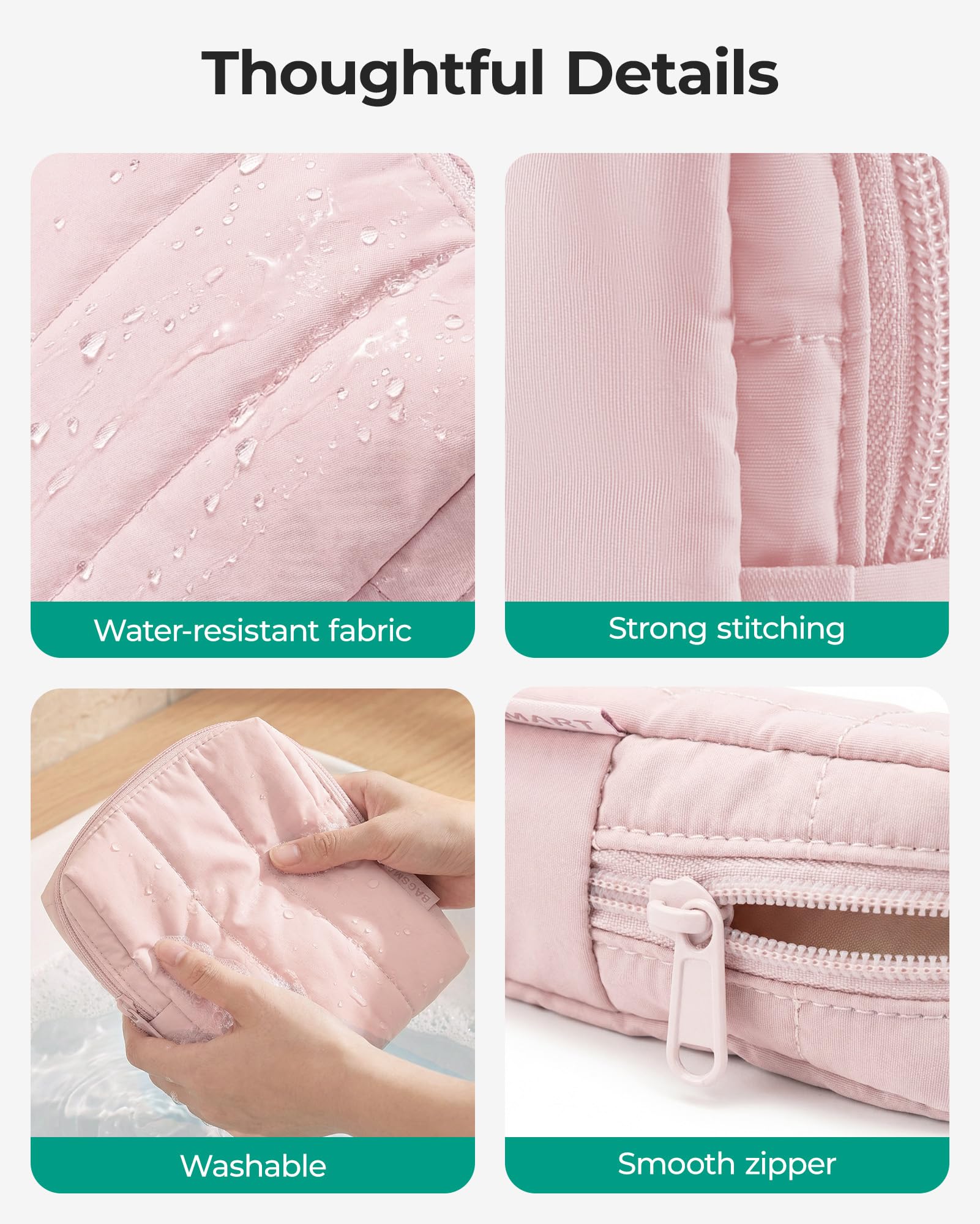 BAGSMART Small Travel Makeup Bag for Purse Toiletry Pouch, Puffy Padded Mini Cosmetics Bag, Cute Make Up Pouch for Women with Slip-in Pocket, Travel Essentials for Toiletries, Baby Pink