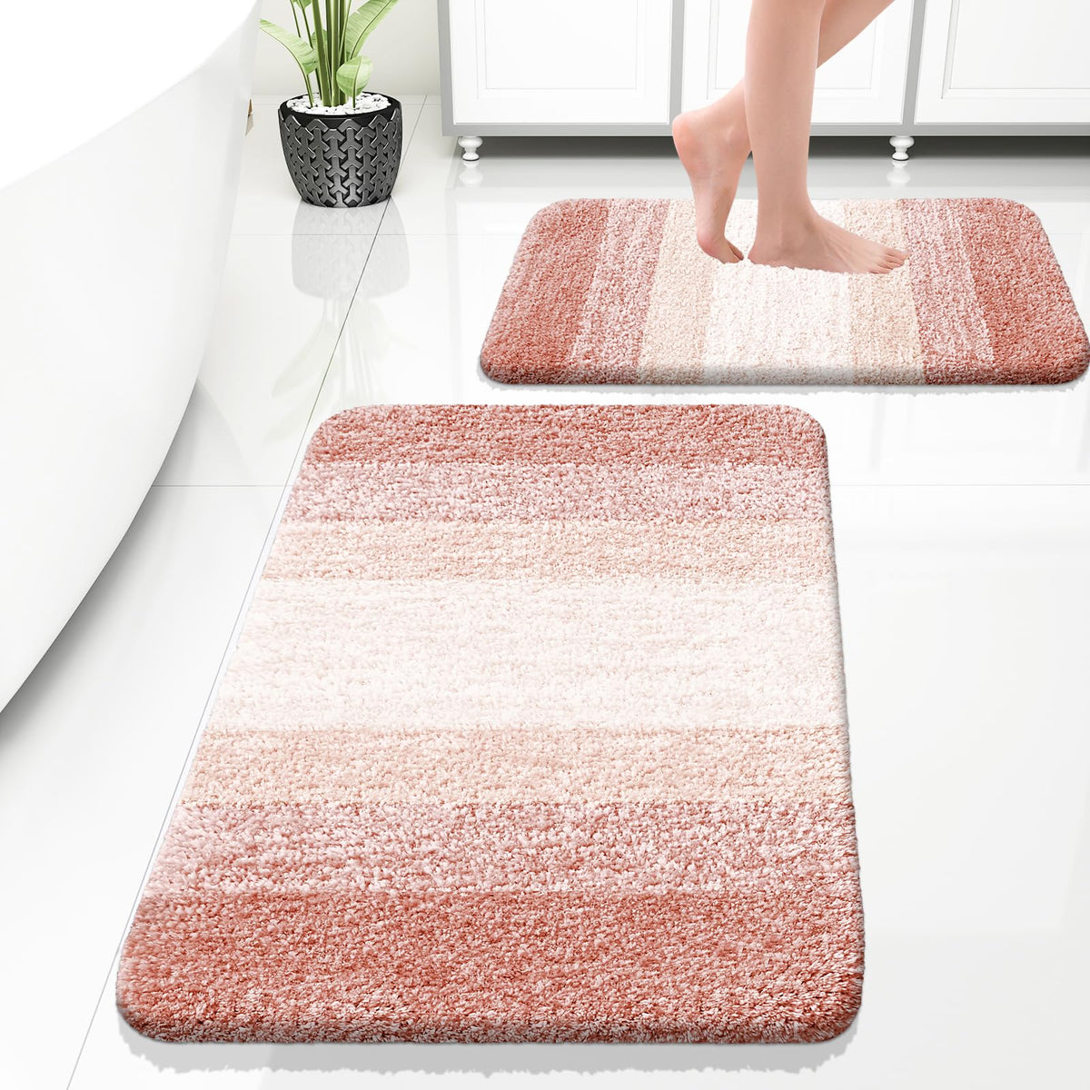 OLANLY Micorfiber Bathroom Rug Set 2 Piece, Soft Bath Mats, Olive Green