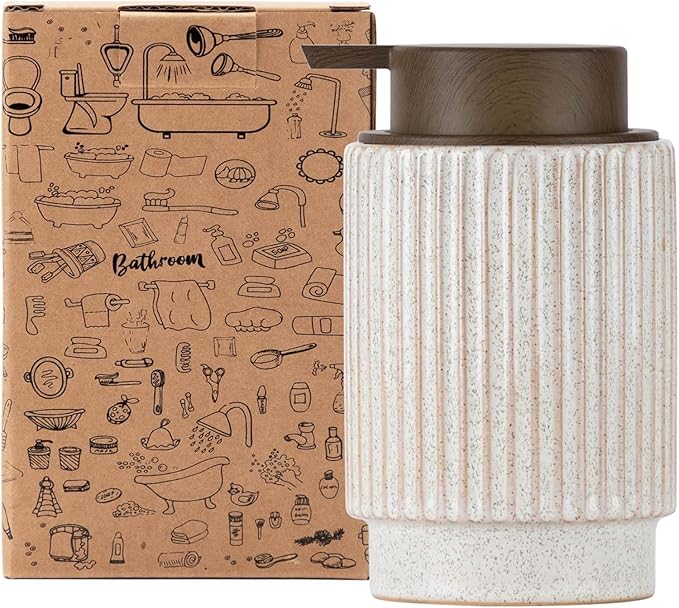 Fun Elements Ceramic Soap Dispenser, Wood Grain Plastic Soap Dispenser, 10oz Refillable Bottle for Liquid Soap - Kitchen, Sink, Bathroom