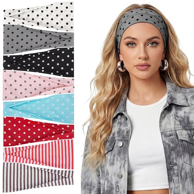 obeoby 8 Pack Polka Dot Headband for Retro Y2K Style, Trendy Stripe Hairbands for Festival Outfits Girls Non Slip Head Bands for Women's Hair