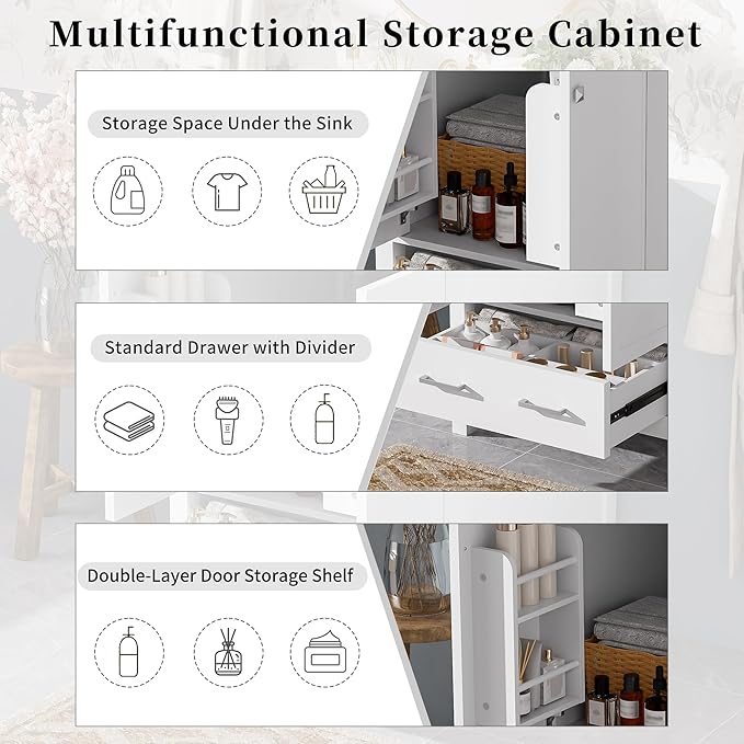 Bellemave 24" Bathroom Vanity with Sink Combo Set, Solid Wood Frame Bathroom Storage Cabinet with a Drawer, 2 Soft Closing Cabinet Doors with Organizer, White