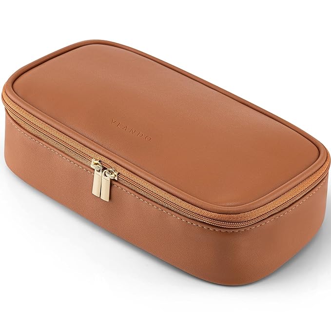 VLANDO Travel Makeup Bag,Small Makeup Bag for Women,Gifts for Women Girls, Makeup Pouch Purse Travel Essentials Toiletries-Brown