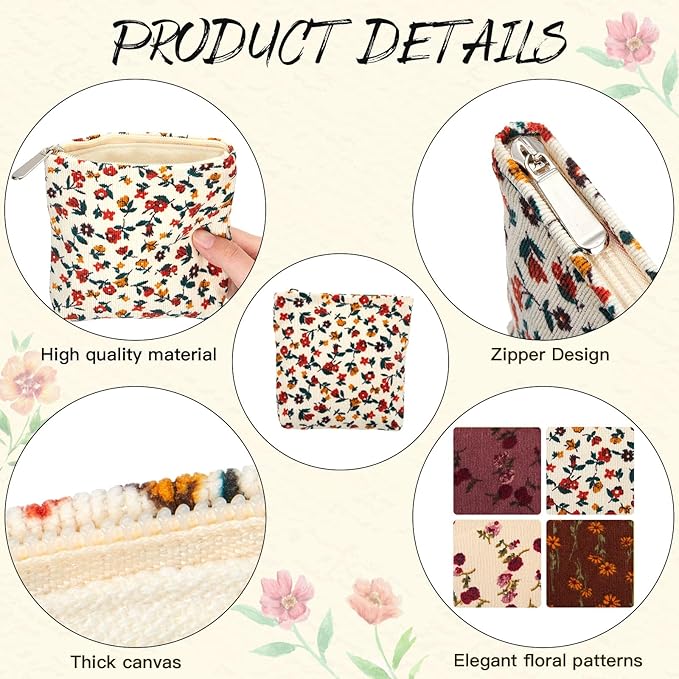 Abbylike 4 Pcs Small Makeup Bag Corduroy Cosmetic Pouch with Zipper Portable Little Bags for Purse Mini Pouch Cute Makeup Purse for Coin Essentials Items Women (Elegant)