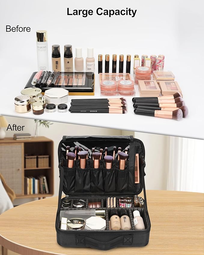 Relavel Makeup Bag Train Case for Women Travel Cosmetic Organizer with Adjustable Dividers and Brush Compartment, Large Storage Box for Cosmetics, Toiletries, Nail Polish, Jewelry, Electronic (Black)