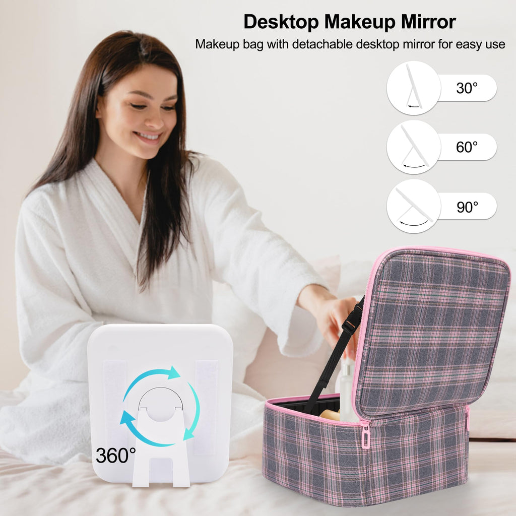 Relavel Travel Makeup Bag With LED Mirror, Portable Cosmetic Organizer Bag with Adjustable Brightness in 3 Color Scenarios, Small Train Case with Detachable Dividers for Trip- Grey Strip