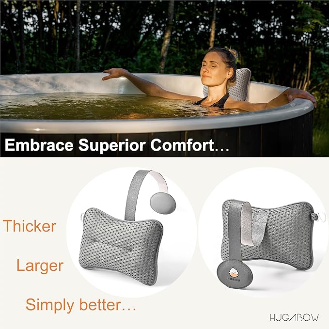 HUGABOW 2-Pack Large Pillow for Hot Tub (Grey), Spa, and Chaise Lounge - Universal Headrest & Neck Support Cushion, Adjustable Height with Long Strap, Easy Drying with Hook