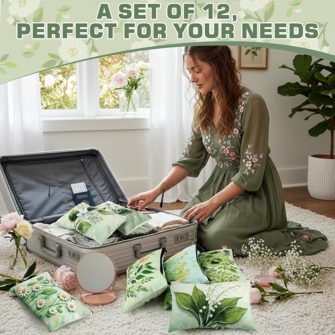 Sweetude 12 Pcs Green Flower Makeup Bags Bulk Green Plants Portable Travel Cosmetic Bags with Zipper Floral Waterproof Roomy Travel Toiletry Organizer Storage Beauty Pouch for Women Gifts