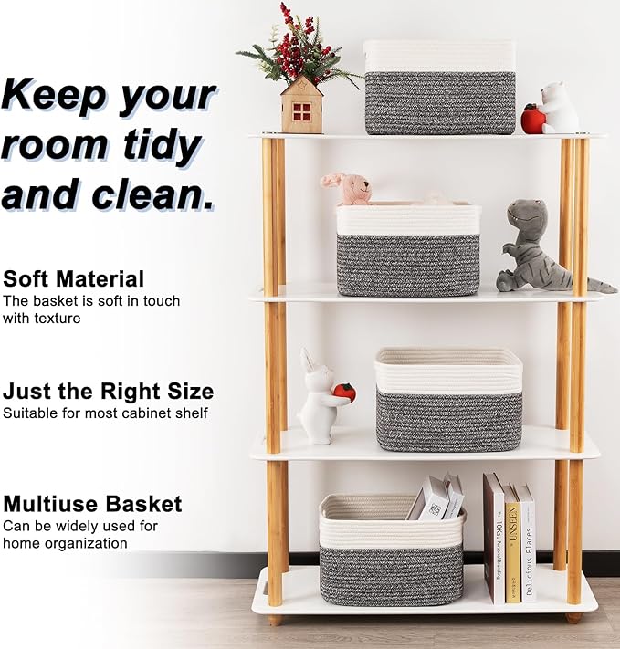 SIXDOVE 4 Pack Storage Baskets for Organizing, Woven Baskets for Shelves - Perfect for Toys, Books, Towels, and Clothes, Durable Gift Basket Bins Toy Storage, 12.7''Lx9''Wx7.8''H, Black & White