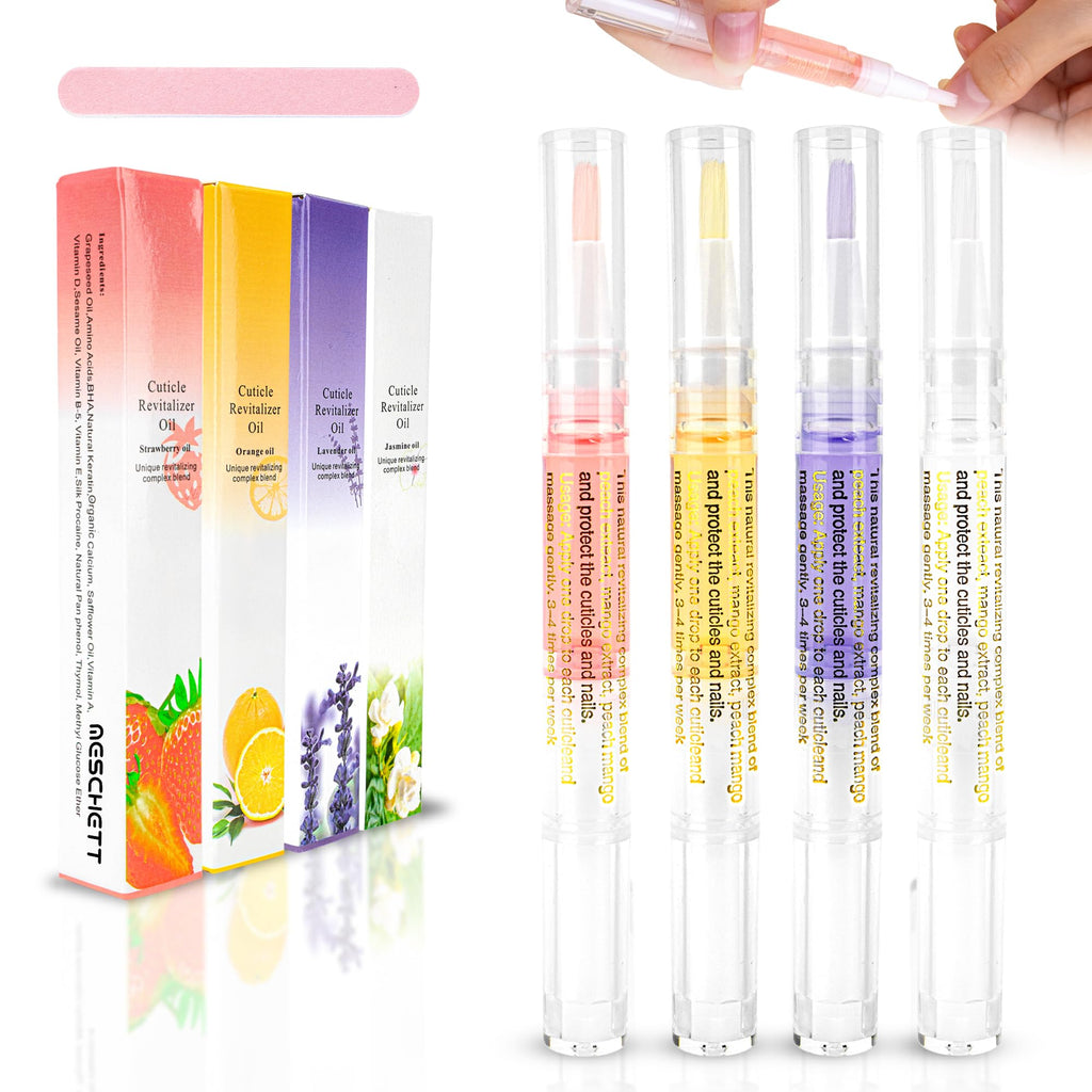 Meschett Cuticle Oil Pens with Nail File for Nail Care, 4PCS Nail Oil Pens with Natural Ingredients, Moisturizing Cuticle Oil for Fingernails and Toenails (Mix Flavors)