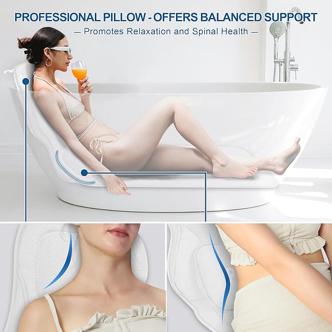 Poemland Full Body Bath Pillow for Tub - Extra Long & Thick Tub Pillow with Head, Back & Lumbar Support, 168 Non-Slip Suction Cups, Soft 5D Mesh Spa Cushion, Fits All Tubs-Gift for Soaking(White)