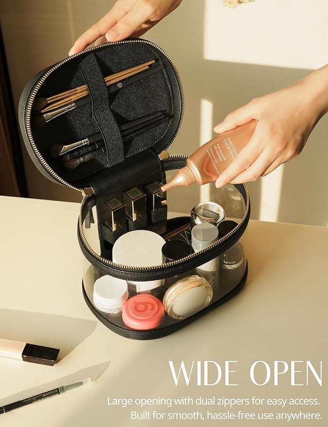 Popvibe Travel Makeup Bag Clear Compact Make Up Vanity Case with Brush Storage and Top Handle, Toiletry Makeup Case Traveling Leather Cosmetic Bag, Portable Medium Large Sized Train Case, Black