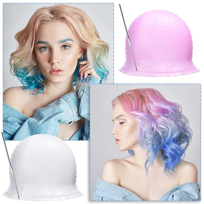 WILLBOND 3 Pcs Hair Coloring Highlighting Cap Reusable Silicone Highlight Cap with Metal Hook Multicolor Pull Through Hair Dye Caps for Home Salon Hairdressing Tools