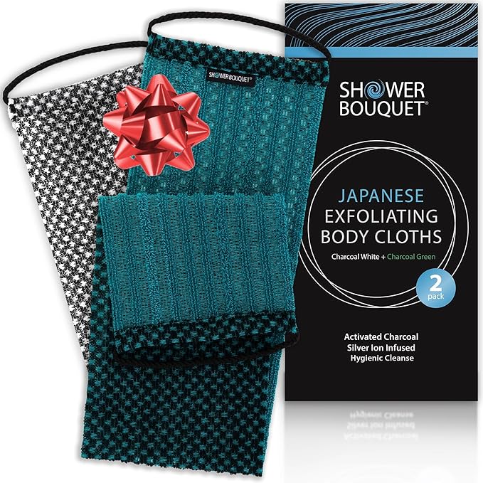 SHOWER BOUQUET Japanese-Exfoliating-Washcloth 2-Pack Charcoal & Silver Ion
