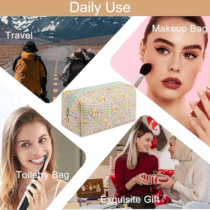 HHQQWZ Makeup Bag Travel Cosmetic Bag for Women Girls, Zipper Make Up Pouch, Floral Flowers Toiletry Organizer Makeup, Portable Storage Bag, Cosmetic Travel Cloth Bag (Green Checkered Floral)