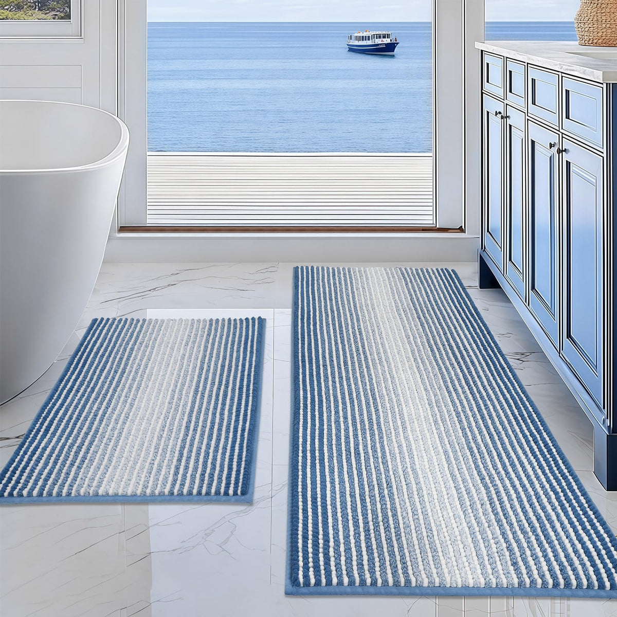 BSICPRO Bathroom Rugs Sets 2 Piece, Non Slip Striped Bath Mats, Teal