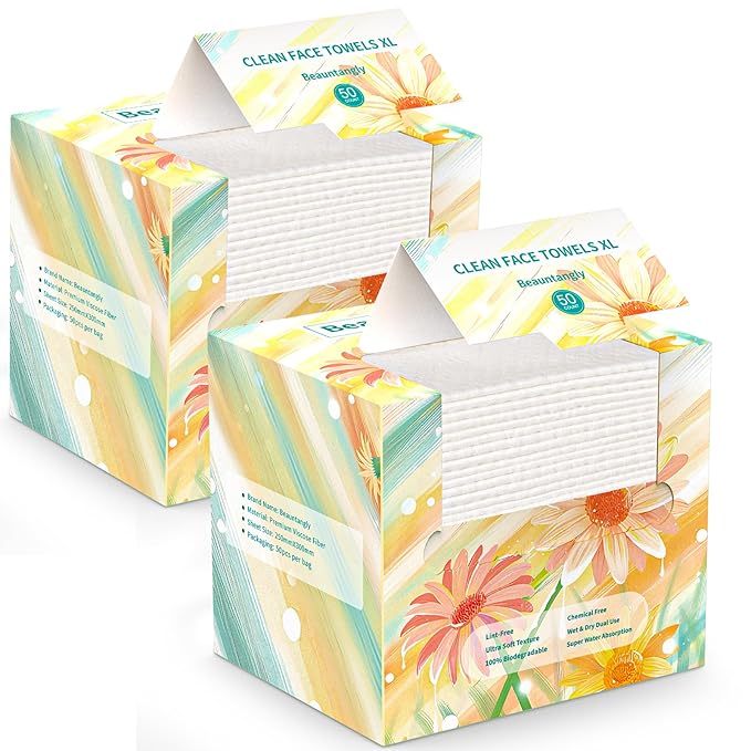 Beauntangly Disposable Face Towel, XL Facial Towelettes Soft Thick Absorbent, Lint-Free Biodegradable Makeup Remover Dry Wipes for Skin Care Washing Drying Nursing Camping Travel Essentials, 100 Ct