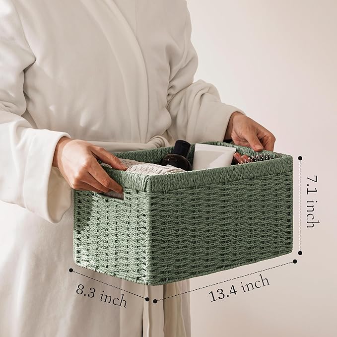 UBBCARE 4 Pack Wicker Basket, 13.4L×8.3H×7.1W inch Woven Paper Rope Storage Baskets for shelves, Foldable Rectangular Storage Baskets with Handle, Storage Basket for Organizing, Green