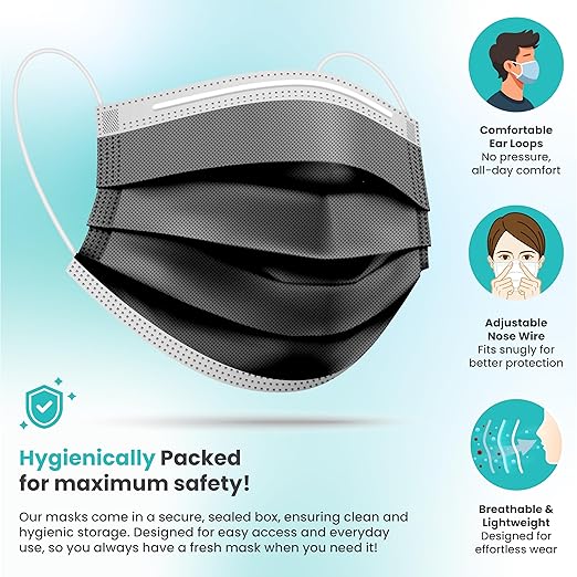 [Pack Of 150] Black Disposable Face Mask, 3-Ply Adult Masks, Facial Cover with Elastic Earloops For Home, Office, School, and Outdoors