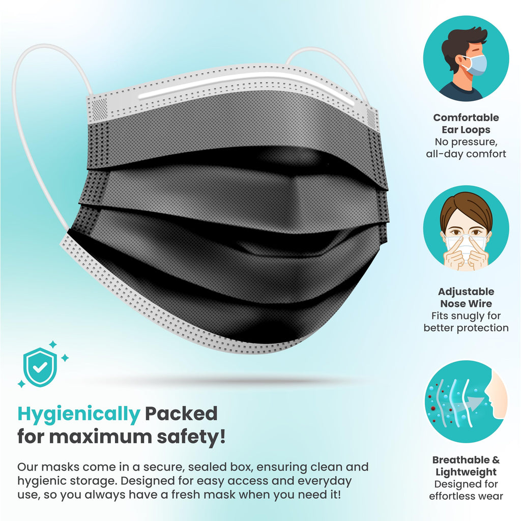 [Pack Of 150] Black Disposable Face Mask, 3-Ply Adult Masks, Facial Cover with Elastic Earloops For Home, Office, School, and Outdoors