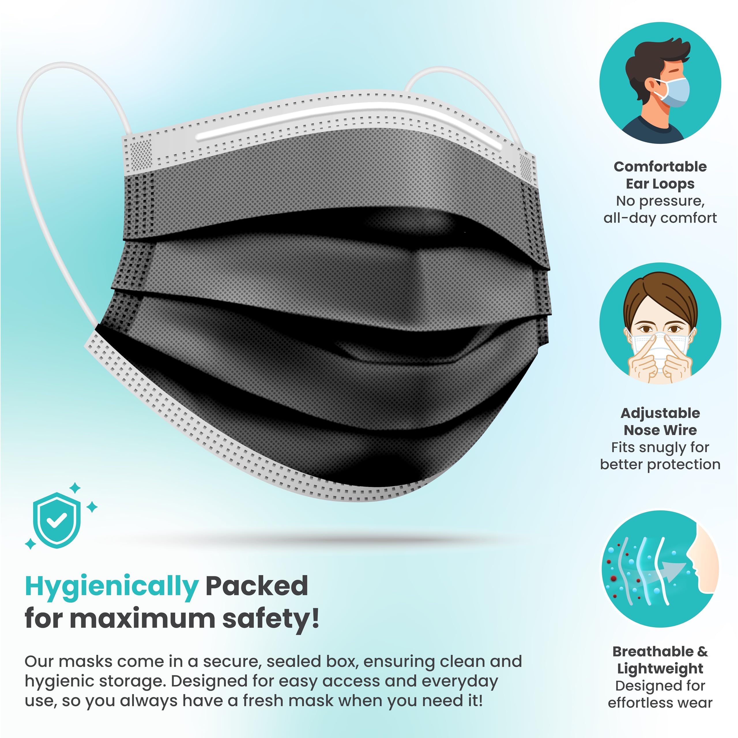 [Pack Of 150] Black Disposable Face Mask, 3-Ply Adult Masks, Facial Cover with Elastic Earloops For Home, Office, School, and Outdoors