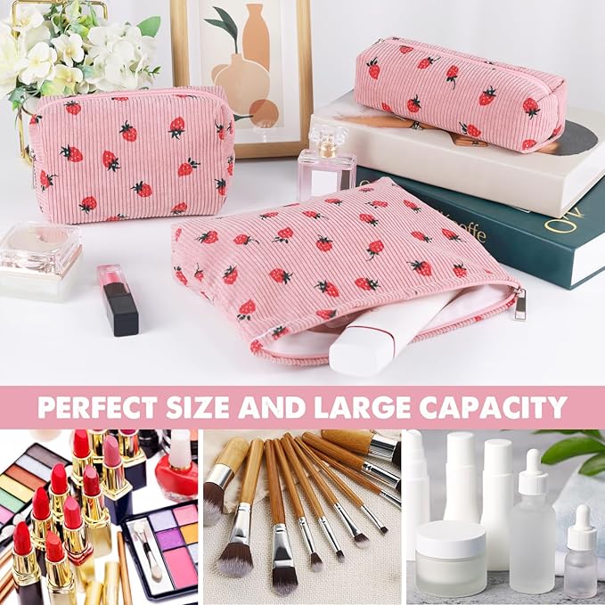 Gocvo 3 Pcs Makeup Bag Cosmetic Bag Set for Girls Women Travel Organizer Bathroom Toiletry Pouch Large Capacity Storage Bag (Strawberry Pink)
