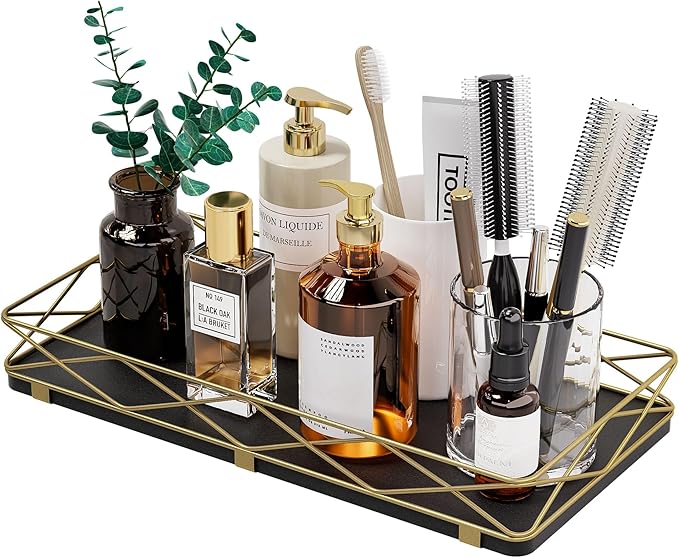 Toilet Paper Basket Holder, 13" Toilet Tank Tray, Wood and Metal Toilet Tray Vanity Organizer Bathroom Tray, Kitchen Sink Organizer for Soap Dispenser (Black + Gold)
