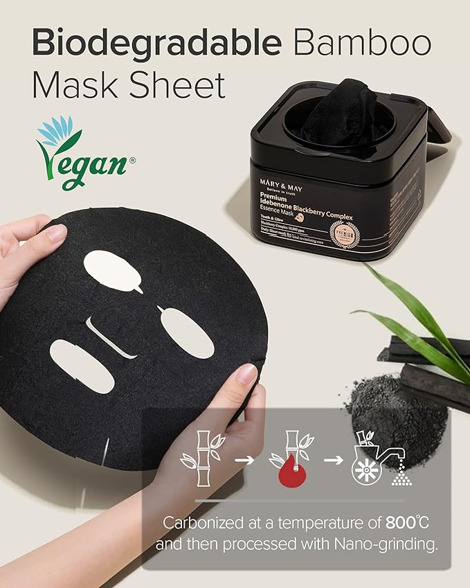 Mary&May Idebenone Blackberry Essence Mask, Bamboo Charcoal, 20 Sheets
