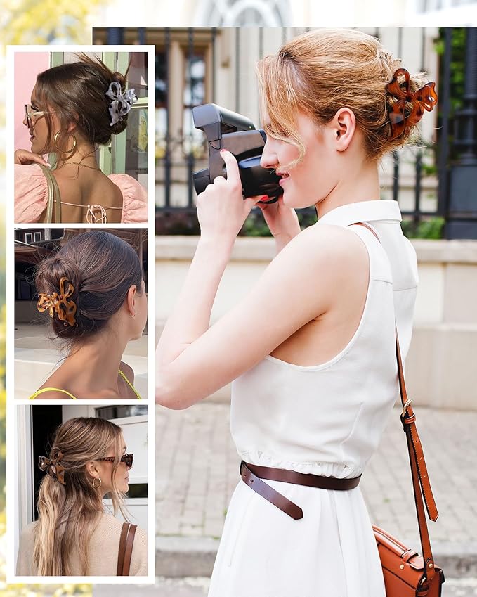 4 PCS Bow Hair Clips Bow Claw Clip for Women, Large Hair Claw Clips for Thin Thick Hair (Leopard(Deep coffee+light yellow+orange+light gray))