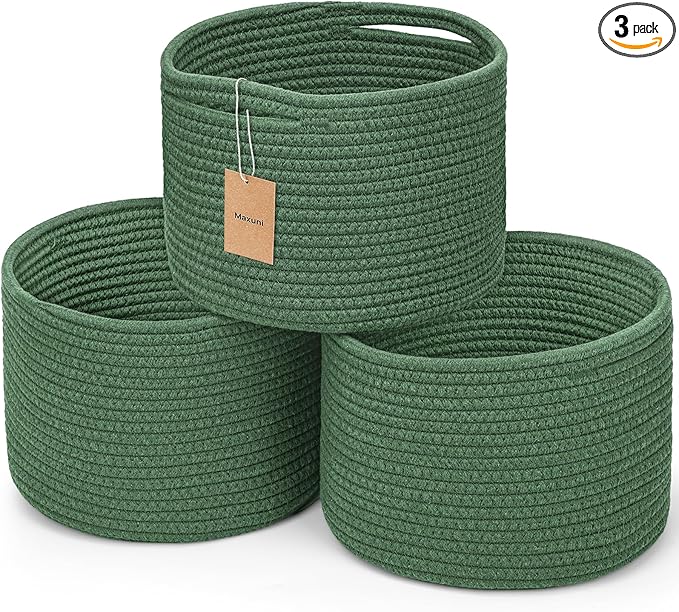 Small Rope Baskets for Storage, Baskets for Gifts Empty, Cute Round Woven Basket, Decorative Shelf Baskets 9.82×9.82×7.1", Cotton Toy Basket Storage Bins for Organizer 3 Packs Green