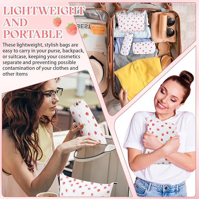 Huhumy 3 Pcs Makeup Bag Set for Women Corduroy Cosmetic Pouch Aesthetic Smile Travel Toiletry Bag Cute Purse Pouch Pencil Case Makeup Brushes Storage Organizer with Zipper(White,Strawberry)