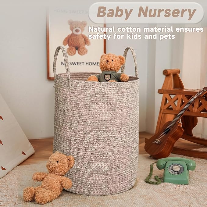 JMvicyroam Large Woven Laundry Basket Hamper,80L Cotton Rope Storage Bin for Blankets,Toys and Clothes,Decorative Tall Nursery Hamper for Living Room,Baby Nursery,Bathroom and Bedroom,Oatmeal