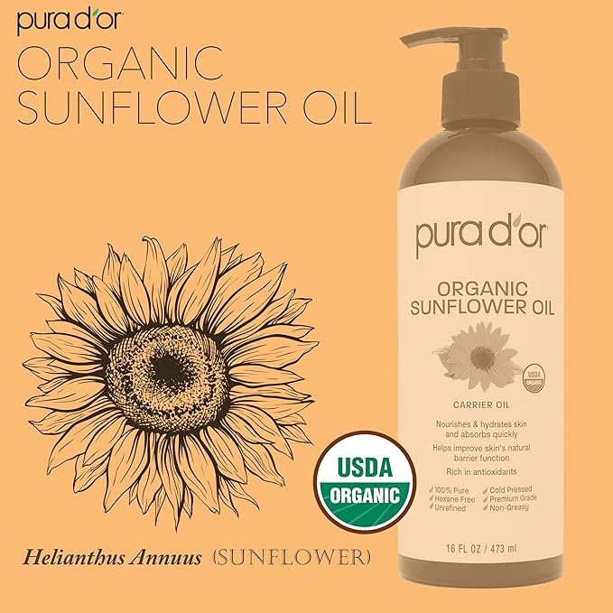 PURA D'OR ORGANIC Sunflower Seed Oil (16 Oz) 100% Pure & Natural USDA Certified Cold Pressed Carrier Oil For DIY Beauty - Unscented, Hexane Free Liquid Moisturizer - Face Skin & Hair