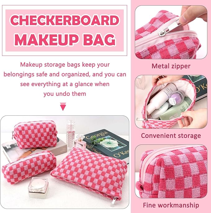 Gocvo 3 Pcs Makeup Bag Cosmetic Bag Set for Girls Women Checkered Travel Organizer Bathroom Toiletry Pouch Large Capacity Storage Bag (Rose-Red)