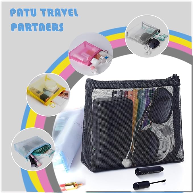 patu Widened Zipper Mesh Bags, Size M, 7" x 5.5" x 2", 5 Pieces, Beauty Makeup Cosmetic Accessories Organizer Case, Travel Toiletry Kit Set Storage Pouch, Assorted Colors