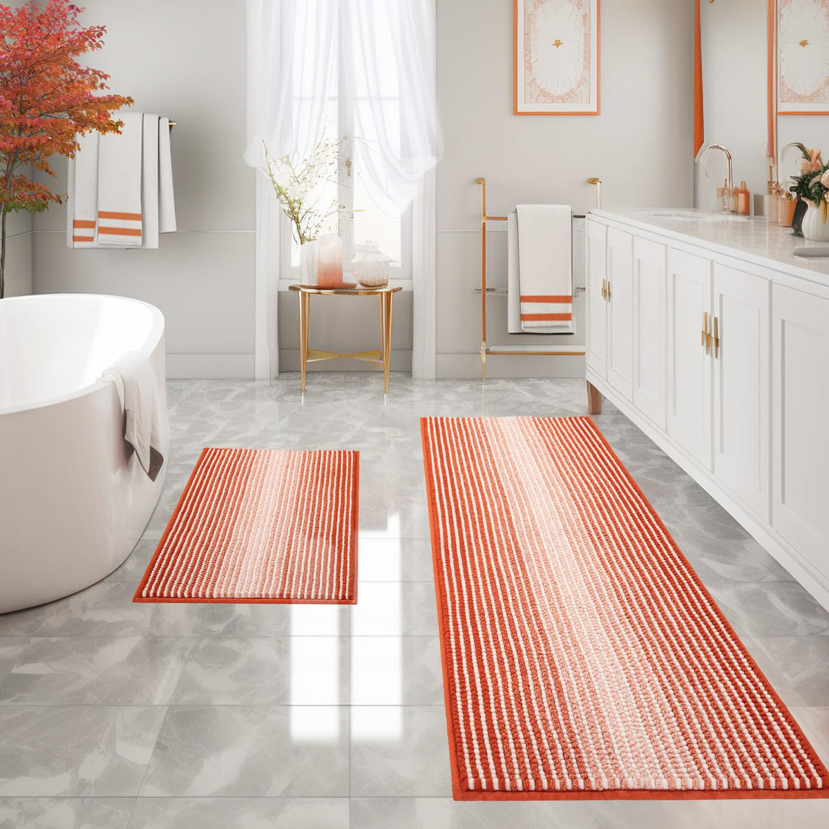 BSICPRO Bathroom Rugs Sets 2 Piece, Non Slip Striped Bath Mats, Black