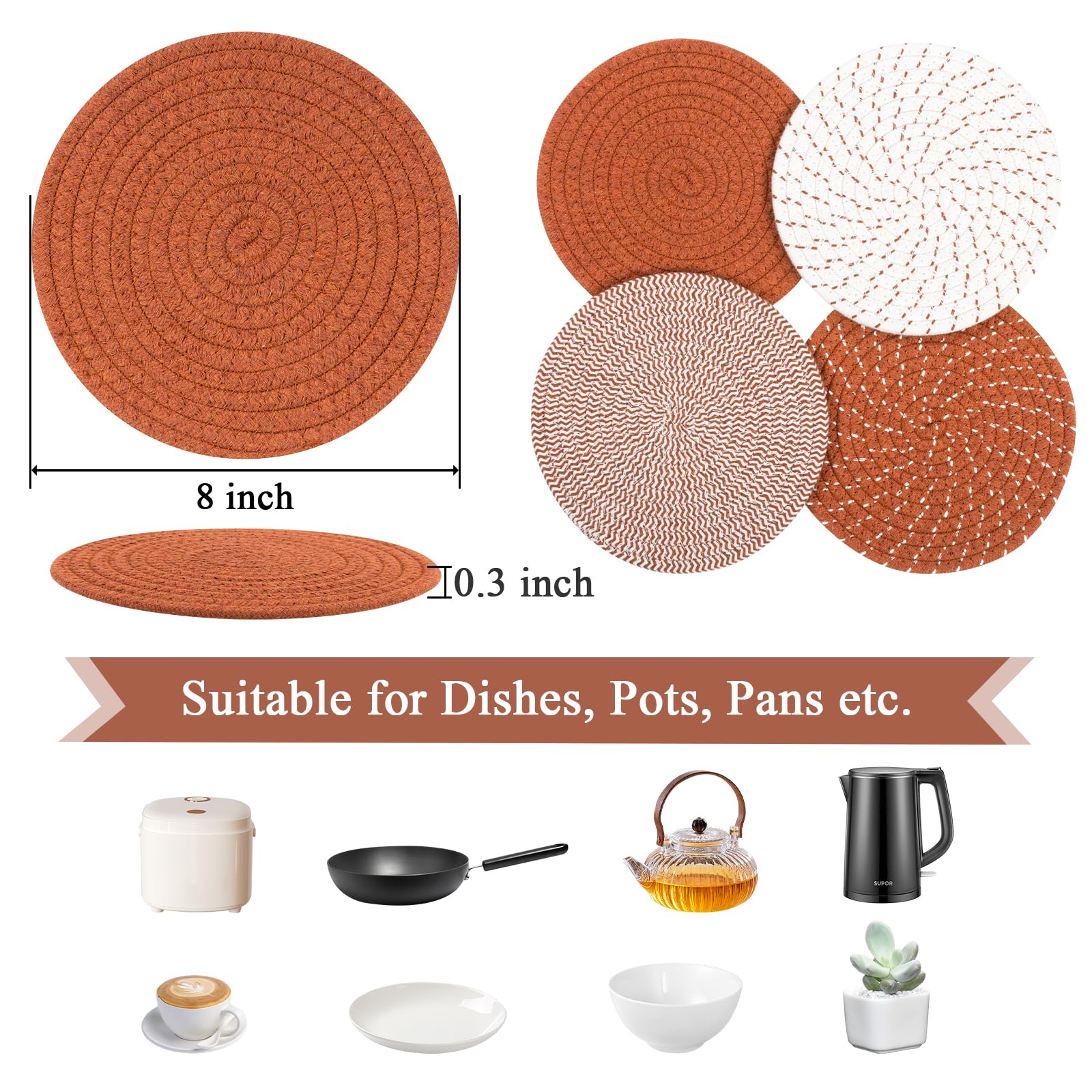 SHACOS 8 Inches Trivets for Hot Dishes, 4 Pieces Cotton Trivets Mats for Kitchen, Hot Pads for Countertops and Table, Heat-Resistant Pot Holders for Hot Pots and Pans(Dark Orange, 4pcs)