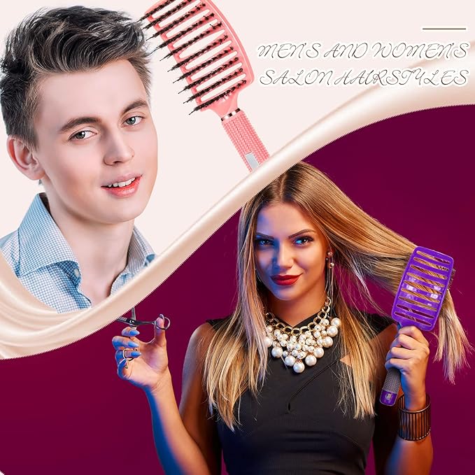 Cunhill 6 Pack Detangling Brush Bulk Boar Bristle Hair Brushes Curved and Vented Hairbrush Detangler for Women Men Detangling Comb Long Wet Dry Thick Curly Blowing Hair Accessories, 6 Colors