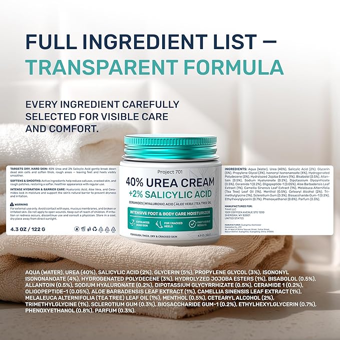 Urea Cream 40 Percent for Feet Maximum Strength, Callus Remover Foot Cream, Dry Cracked Heels Exfoliating Lotion with Salicylic Acid, Ceramides, Tea Tree Oil – Women and Men, 4.3 oz