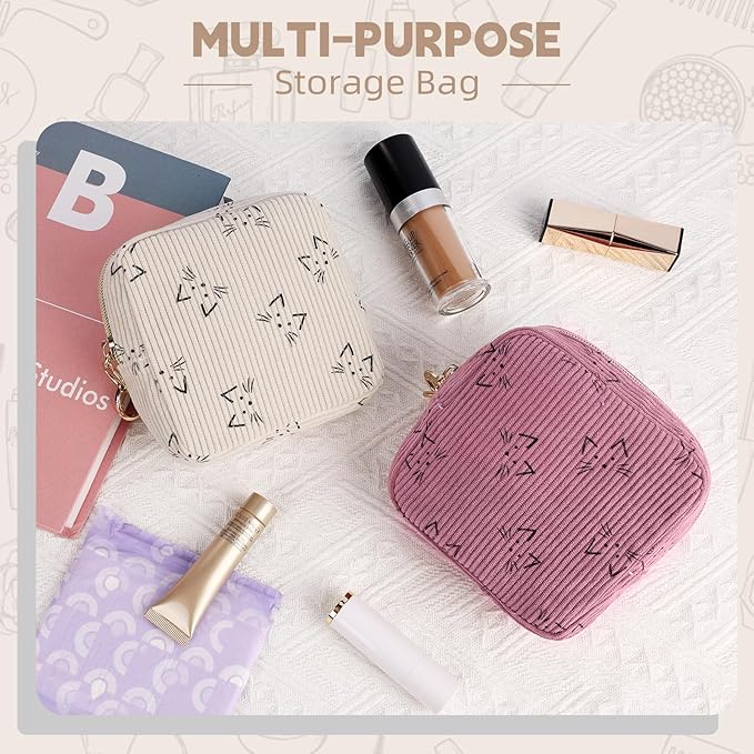 Period Bag for Teen Girls, Corduroy Cute Cats Sanitary Napkin Storage Bag, Menstrual Pad Pouches Tampon Holder for Purse (Pink)