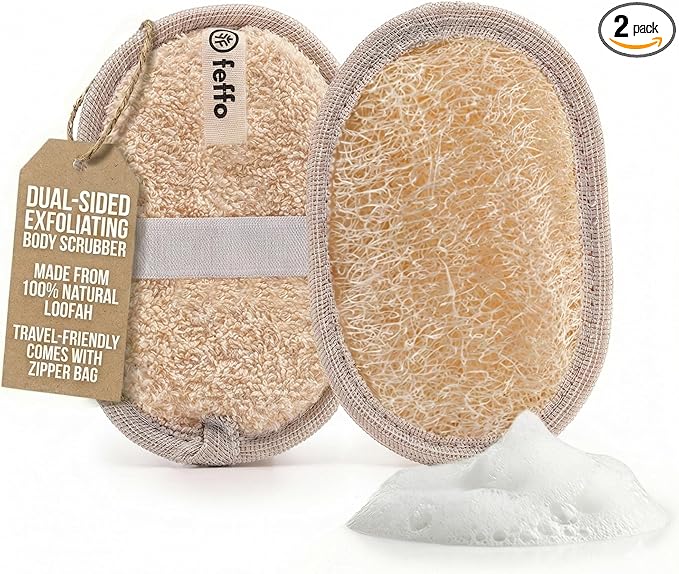 Natural Loofah Sponge for Body Scrub, Exfoliating Body Scrubber & Loofah with Handle, Exfoliating Pads, Loofah for Women, Men & Kids (2 Count - 1 Pack, Oval)