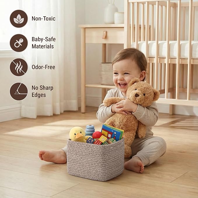 5-Pack Storage Cubes Woven Rope Baskets - 2 Sizes Organizer Bins for Closet, Shelf, Bookshelf, Nursery, Changing Table, Cube Storage Bins, Storage Baskets for Bathroom Toy & Home