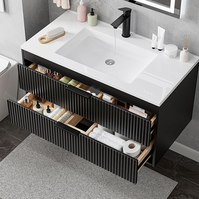 36 Inches Modern MDF Bathroom Vanity with Sink, Wall Mounted Floating Cabinets w/Double Drawers, Black Handles, White Resin Sink Combo Set (Black, 36")