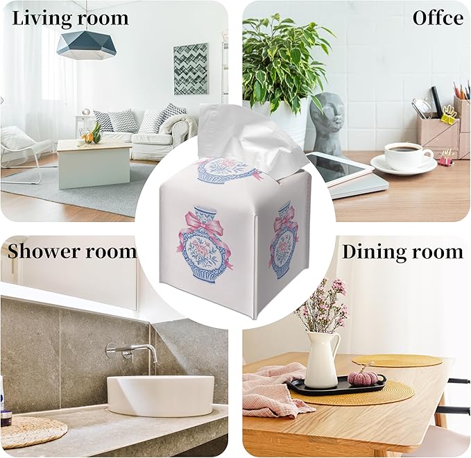 Grace Yonks Cute Tissue Box Cover Square - Blue Floral Vase & Pink Ribbon Design 5.2" PU Leather Holder for Vanity, Desk, or Bathroom Counter - Cube Case for Facial Tissues(005)