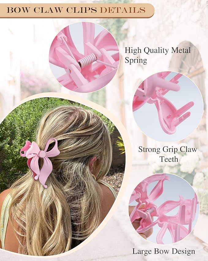 4 PCS Bow Hair Clips Bow Claw Clip for Women, Large Hair Claw Clips for Thin Thick Long Hair Cute Nonslip Bows (Black+Light Brown+Off-White+Light Pink)