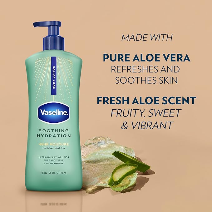 Vaseline Intensive Care Body Lotion for Dry Skin Soothing Hydration Lotion Made with Ultra-Hydrating Lipids + 1% Aloe Vera Extract to Refresh Dehydrated Skin 20.3 oz, Pack of 3 (packaging May Vary)