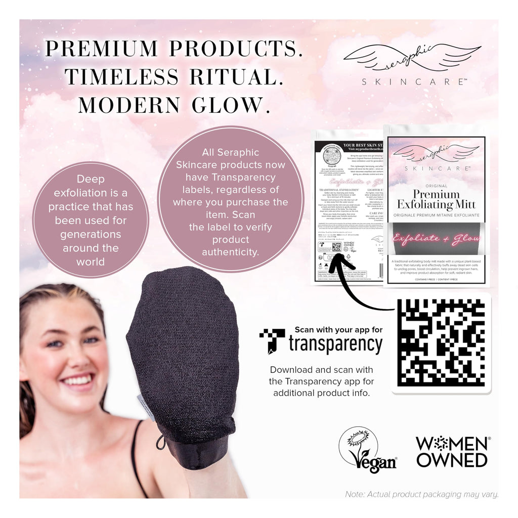 Seraphic Skincare Original Premium Exfoliating Mitt for Body (1pc) – 100% Vegan Viscose Traditional Body Scrub Glove Kessa Korean Washcloth – Body Exfoliator for Self-Tan Removal & Keratosis Pilaris