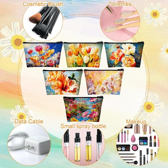 Sweetude 12 Pcs Oil Painting Flowers Makeup Bag Bulk Portable Flower Travel Cosmetic Bags with Zipper Retro Floral Waterproof Roomy Travel Toiletry Organizer Storage Beauty Pouch for Women Gifts