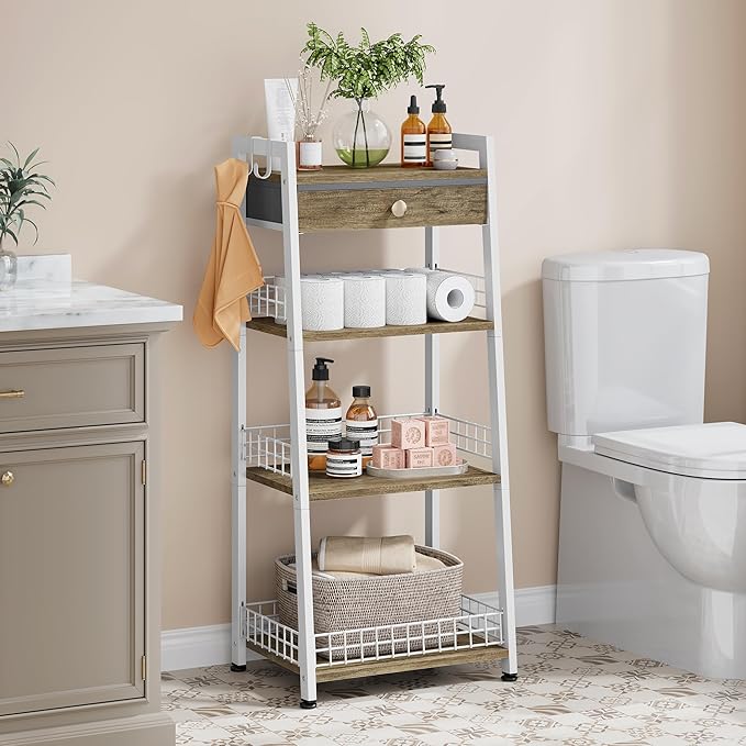 4-Tier Ladder Shelf with Drawer, Bathroom Table Stand for Small Space, Standing Bathroom Shelves with Storage for Living Room Kitchen Bedroom, Organizer Shelf, White