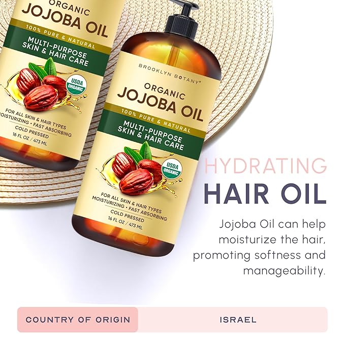 Brooklyn Botany Cold-Pressed Organic Jojoba Oil | 16 Fl Oz | Hair | Face | Body | 100% Pure and Natural | Carrier Oil | Aromatherapy | Massage | Ayurvedic Hair Care | Hexane-Free