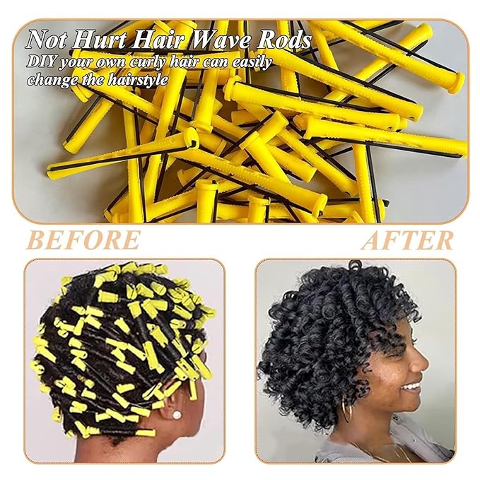 Meigick Perm Rods Set for Natural Hair 40Pcs Yellow Plastic Cold Wave Rods Hair Curling Rollers Small Size 0.28 Inch For Short Long DIY Hairdressing Styling